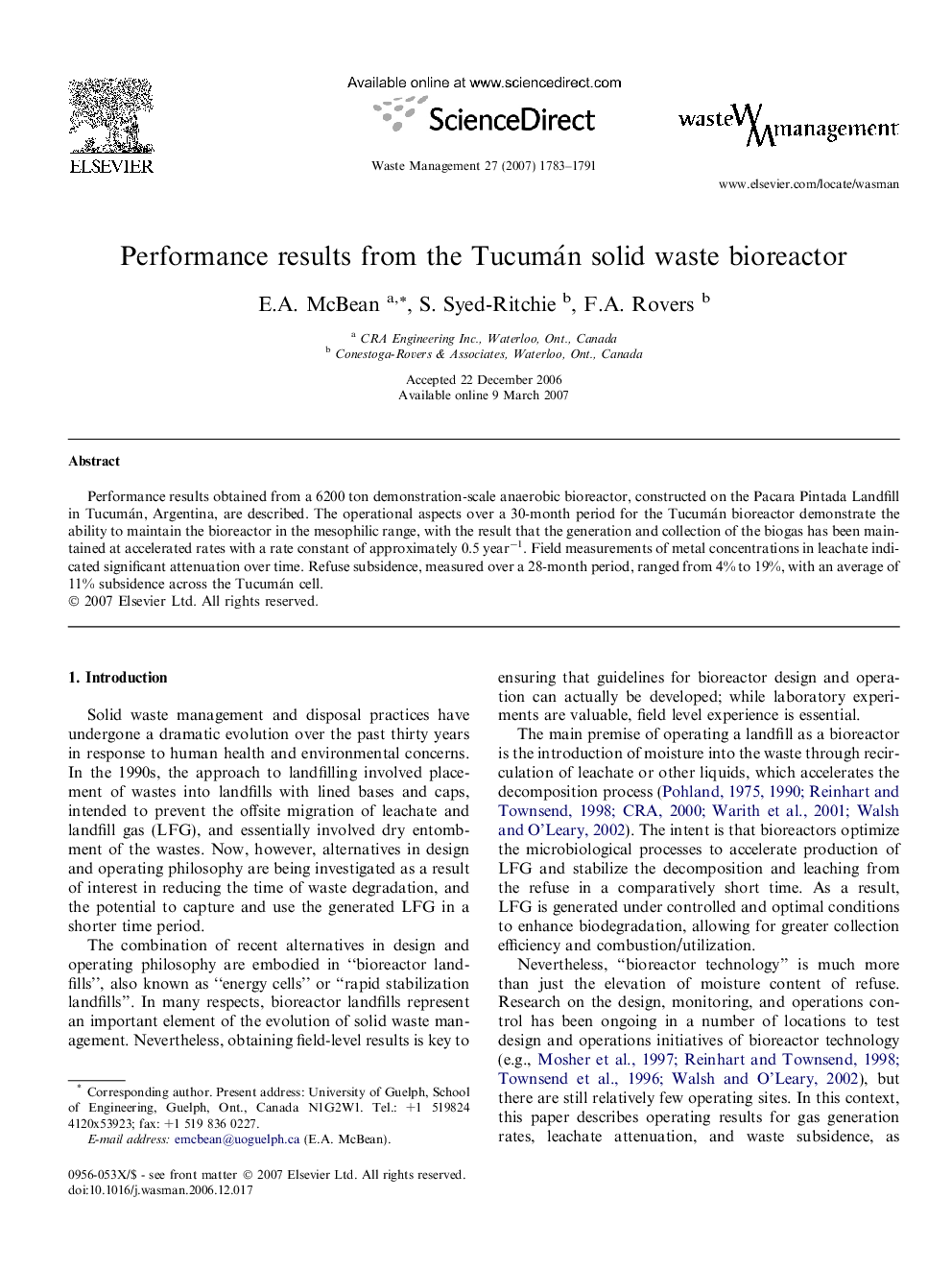 Performance results from the Tucumán solid waste bioreactor