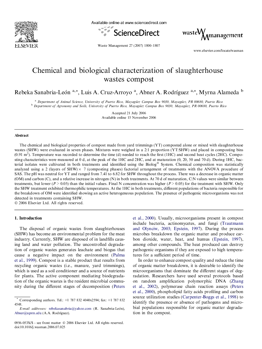 Chemical and biological characterization of slaughterhouse wastes compost