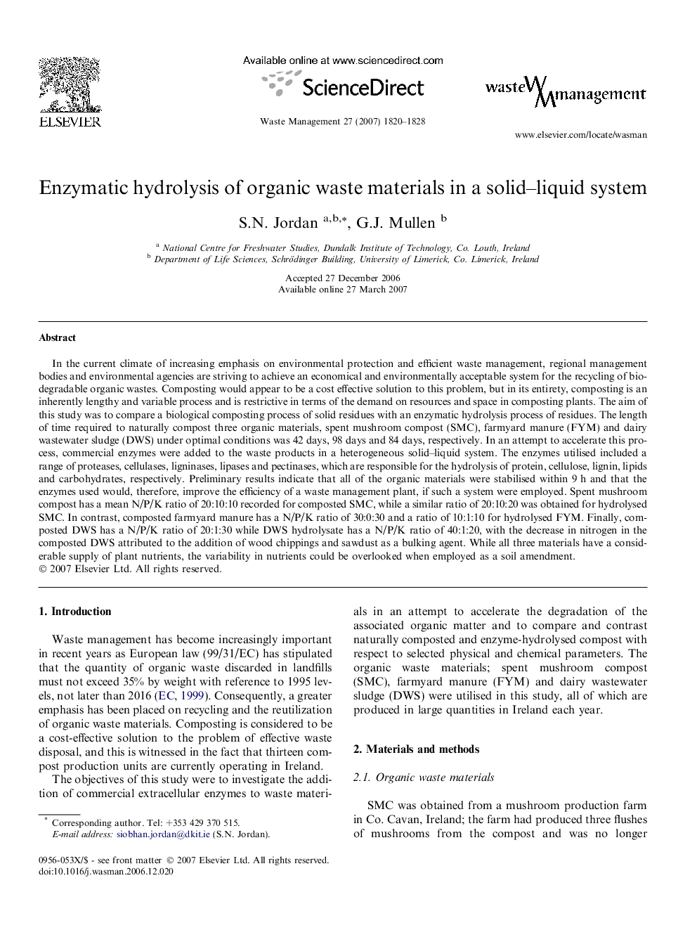 Enzymatic hydrolysis of organic waste materials in a solid–liquid system