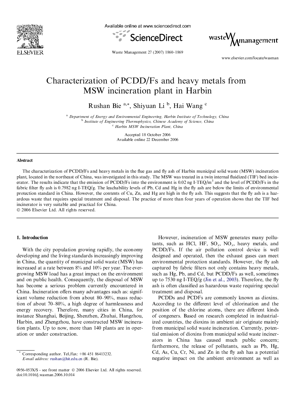 Characterization of PCDD/Fs and heavy metals from MSW incineration plant in Harbin