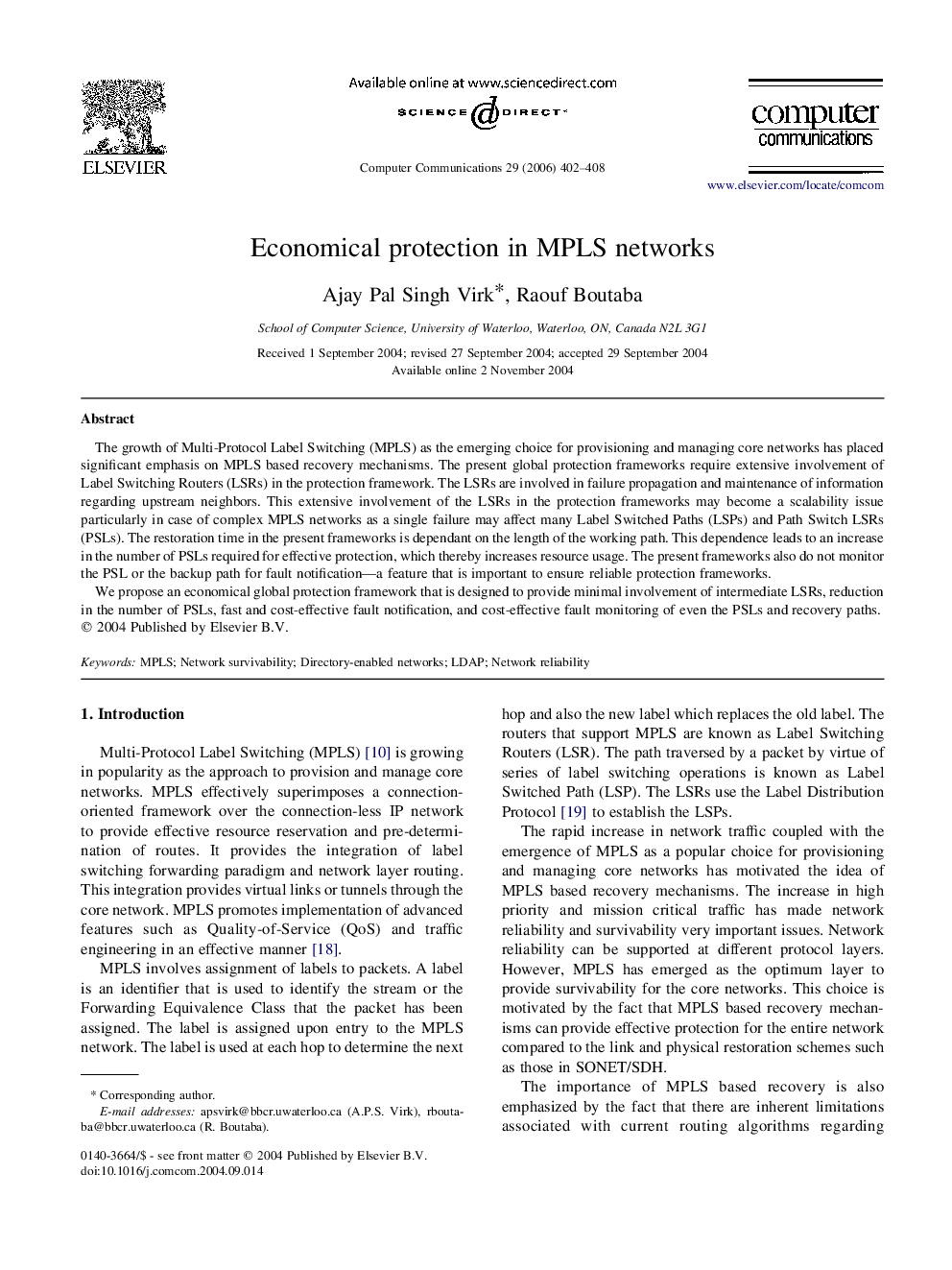 Economical protection in MPLS networks