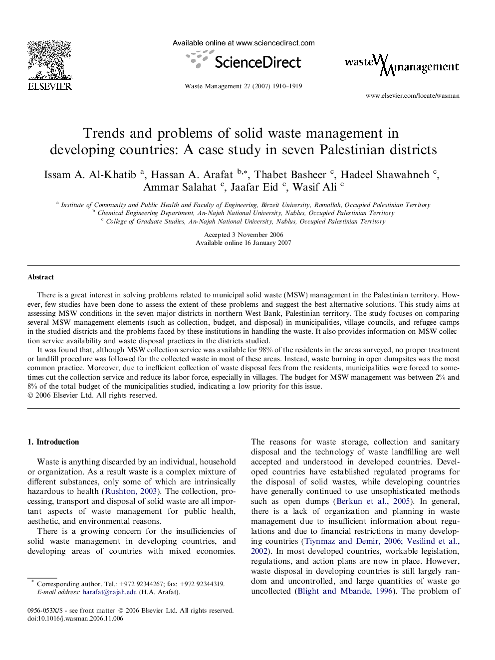 Trends and problems of solid waste management in developing countries: A case study in seven Palestinian districts