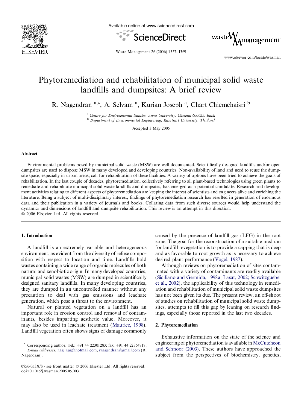 Phytoremediation and rehabilitation of municipal solid waste landfills and dumpsites: A brief review