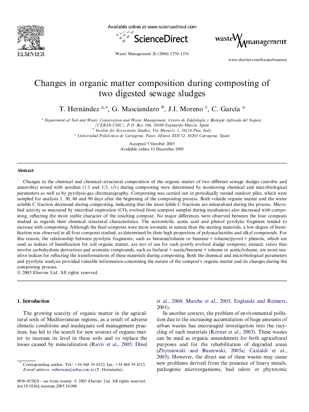 Changes in organic matter composition during composting of two digested sewage sludges