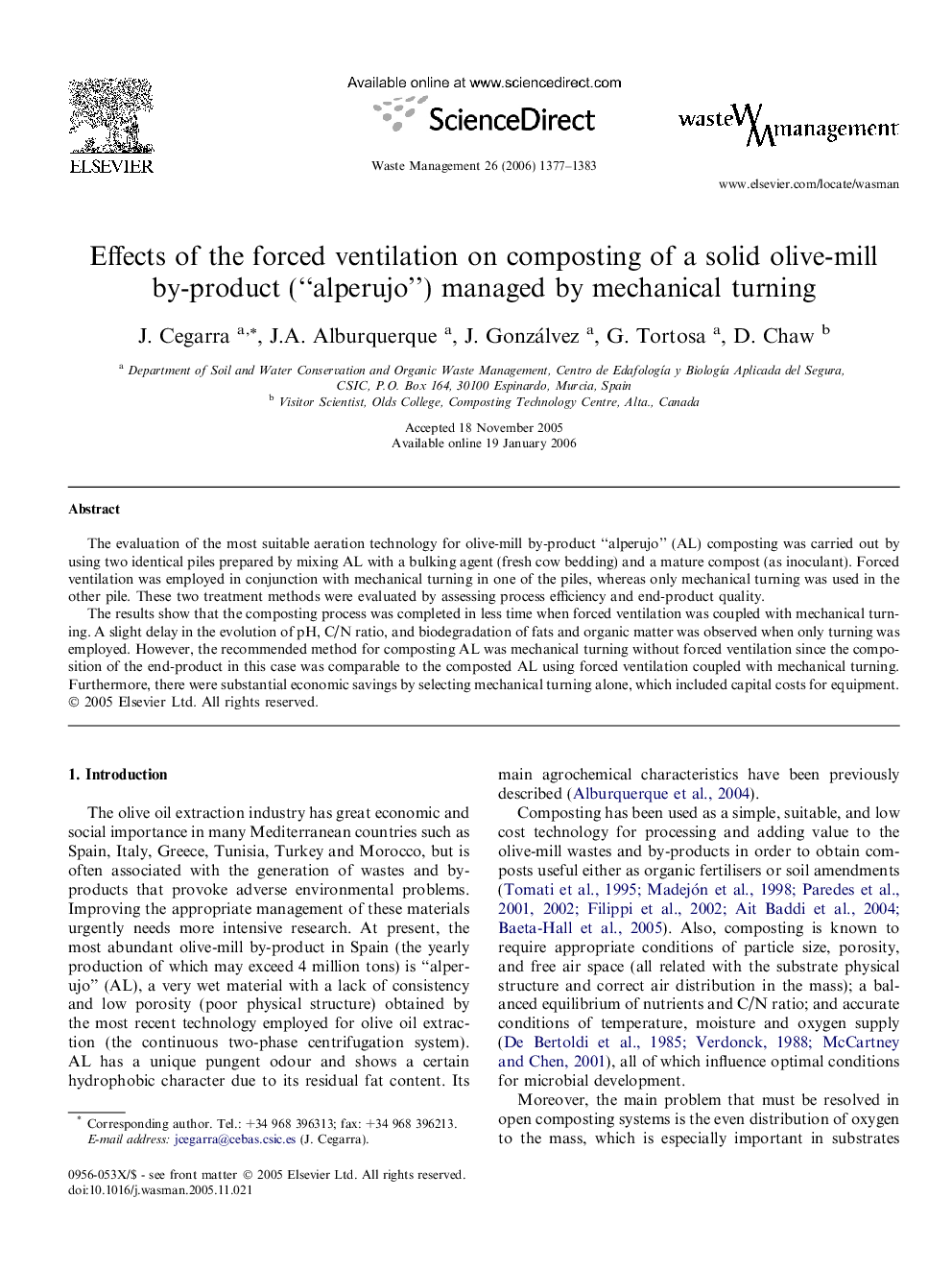 Effects of the forced ventilation on composting of a solid olive-mill by-product (“alperujo”) managed by mechanical turning