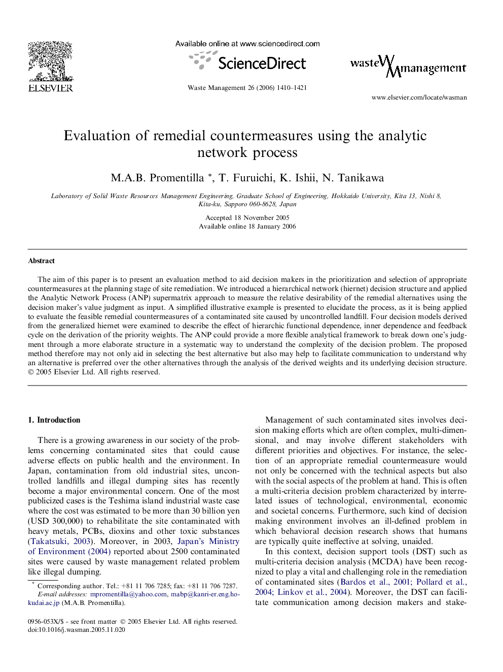 Evaluation of remedial countermeasures using the analytic network process