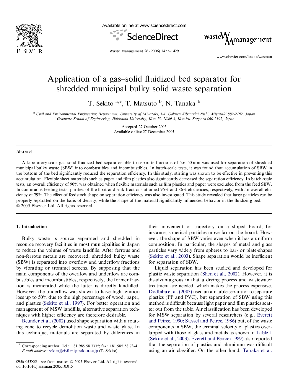 Application of a gas–solid fluidized bed separator for shredded municipal bulky solid waste separation