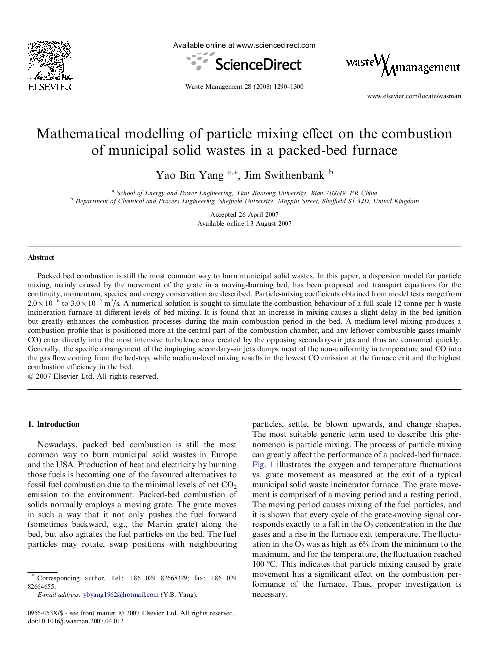 Mathematical modelling of particle mixing effect on the combustion of municipal solid wastes in a packed-bed furnace