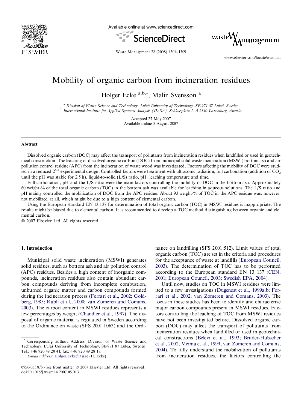 Mobility of organic carbon from incineration residues