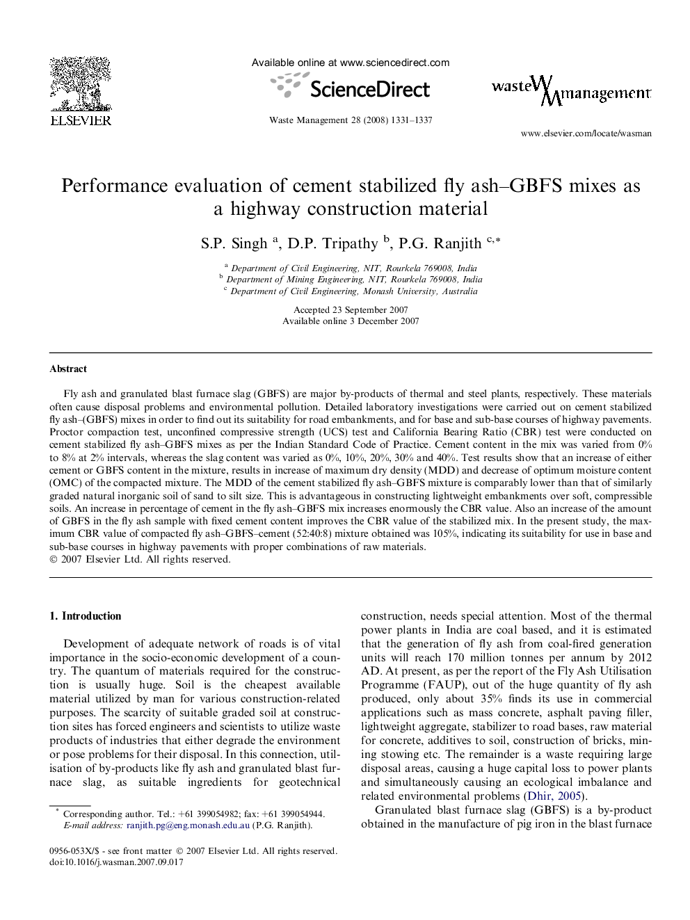 Performance evaluation of cement stabilized fly ash–GBFS mixes as a highway construction material