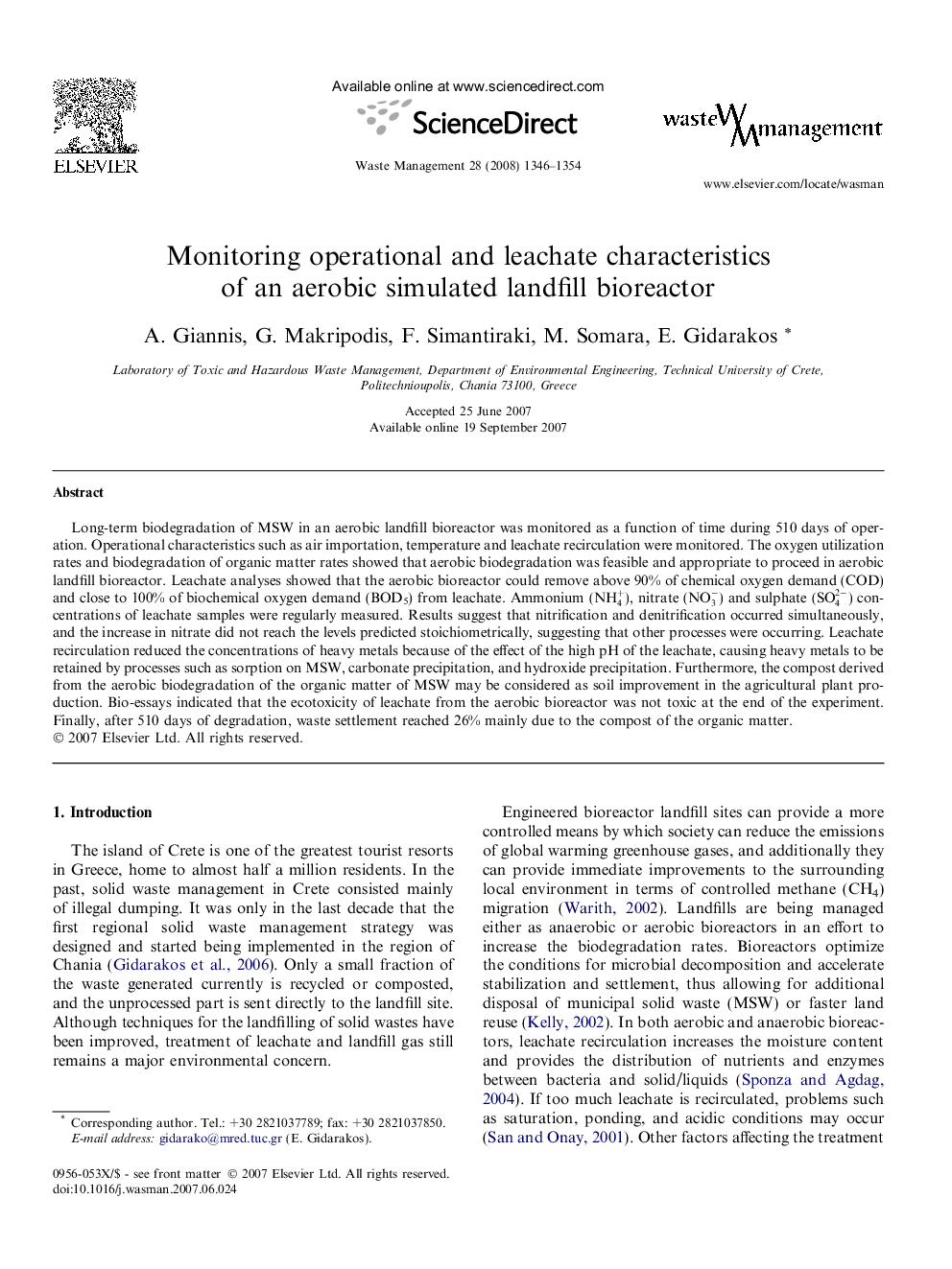 Monitoring operational and leachate characteristics of an aerobic simulated landfill bioreactor