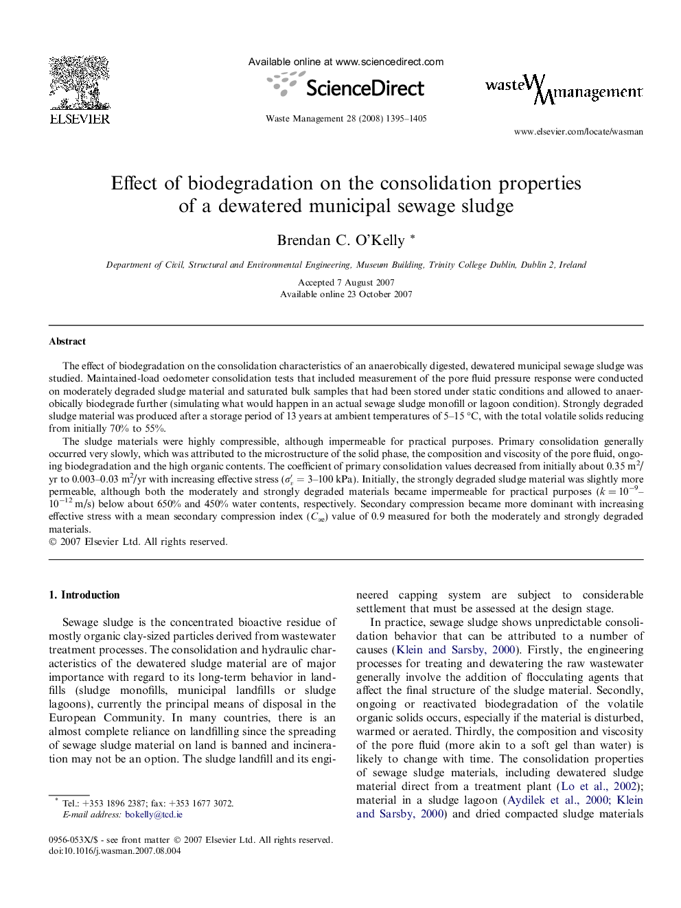 Effect of biodegradation on the consolidation properties of a dewatered municipal sewage sludge