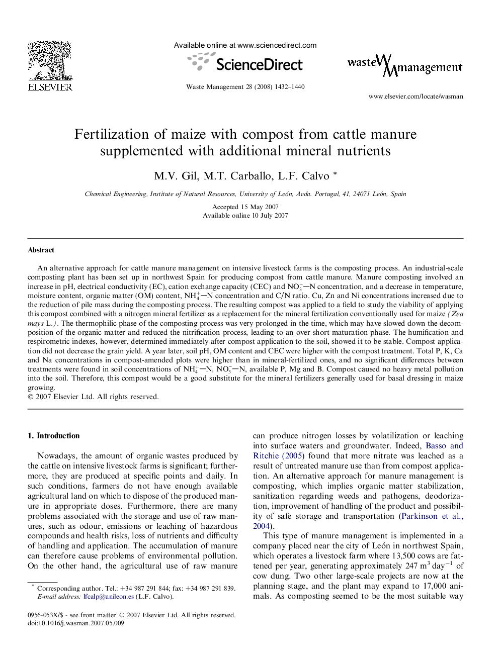 Fertilization of maize with compost from cattle manure supplemented with additional mineral nutrients