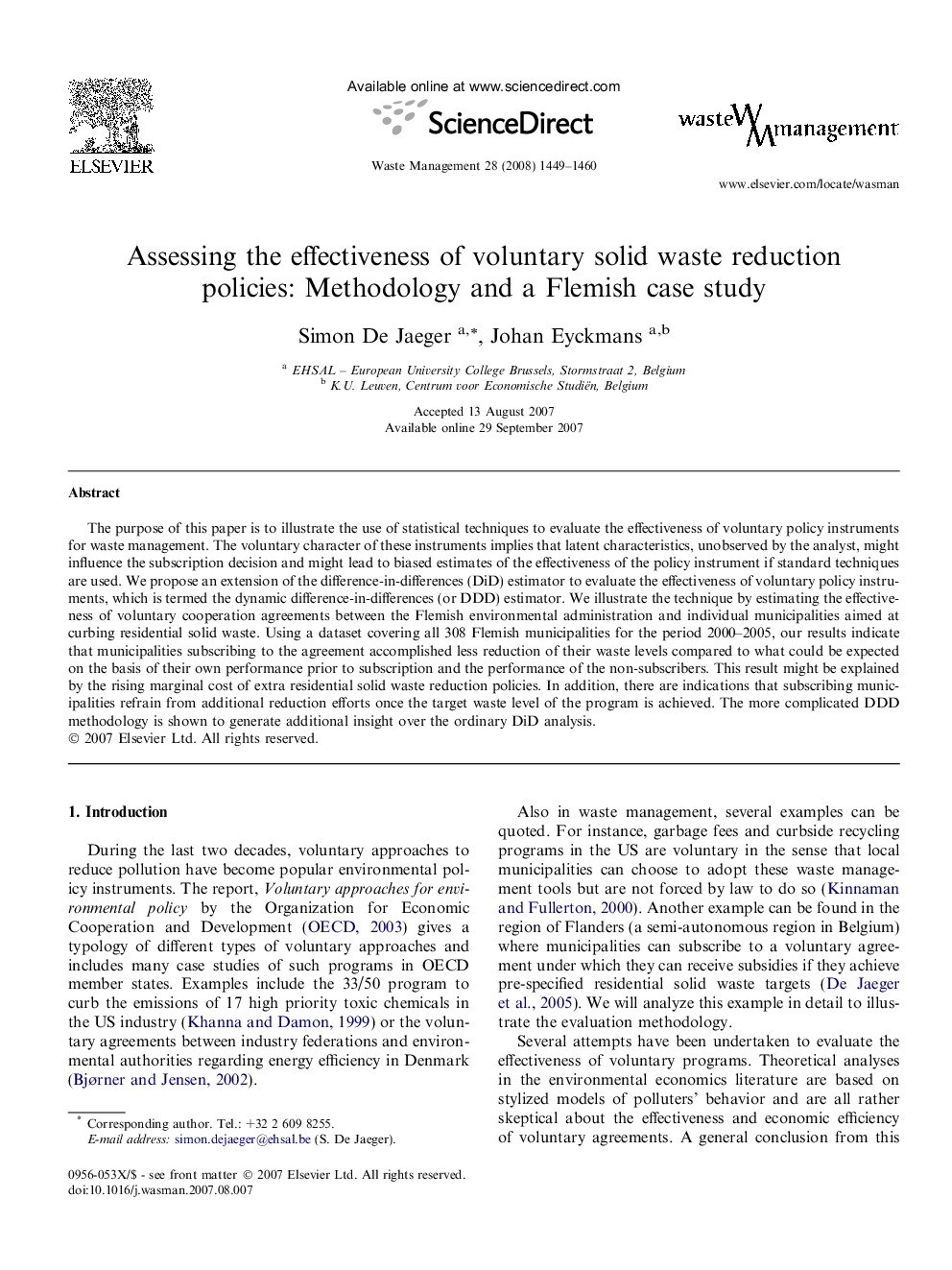 Assessing the effectiveness of voluntary solid waste reduction policies: Methodology and a Flemish case study