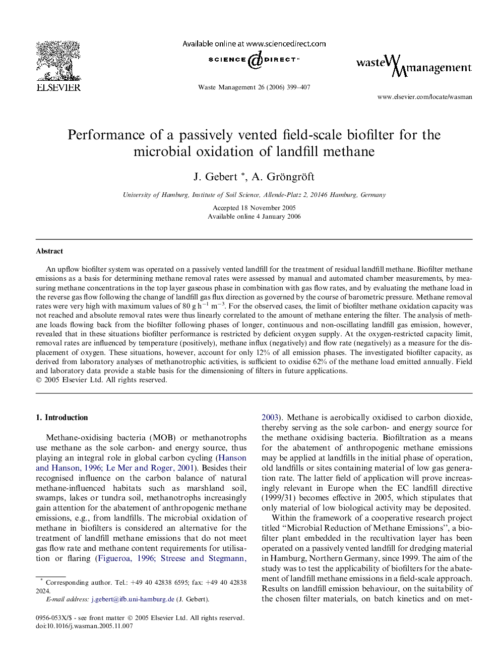 Performance of a passively vented field-scale biofilter for the microbial oxidation of landfill methane