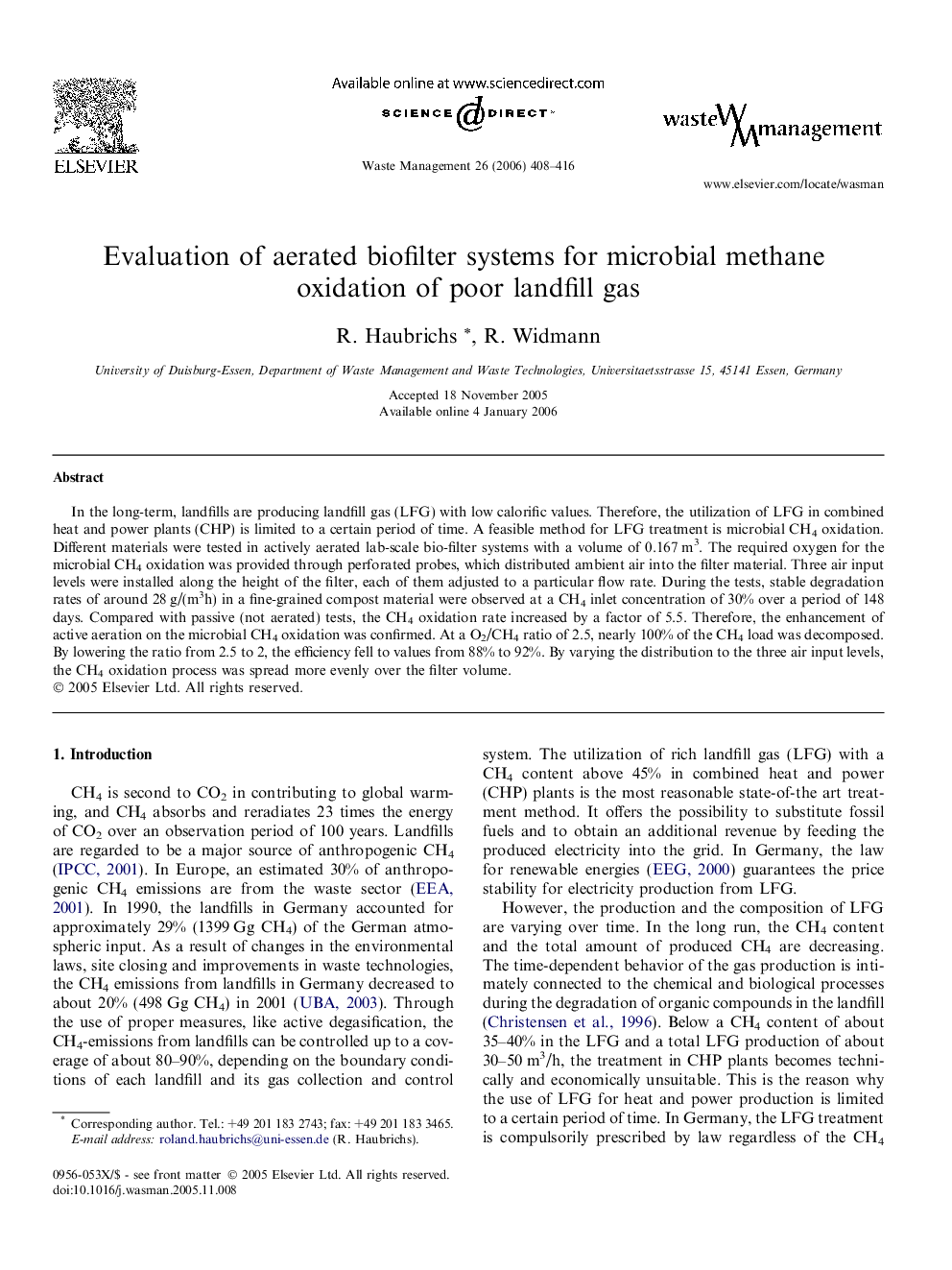 Evaluation of aerated biofilter systems for microbial methane oxidation of poor landfill gas