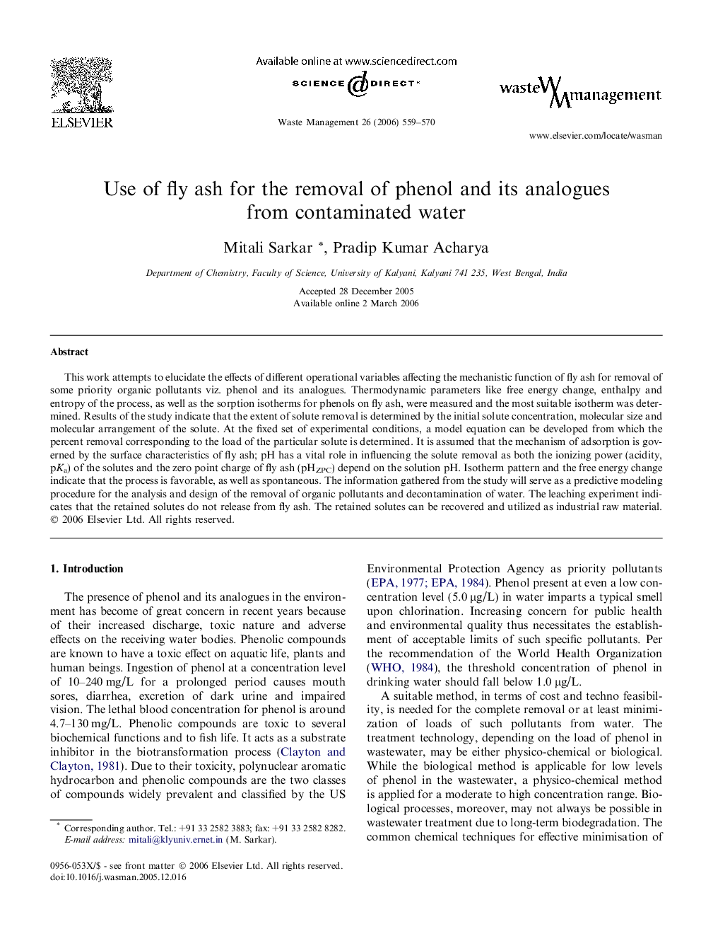 Use of fly ash for the removal of phenol and its analogues from contaminated water