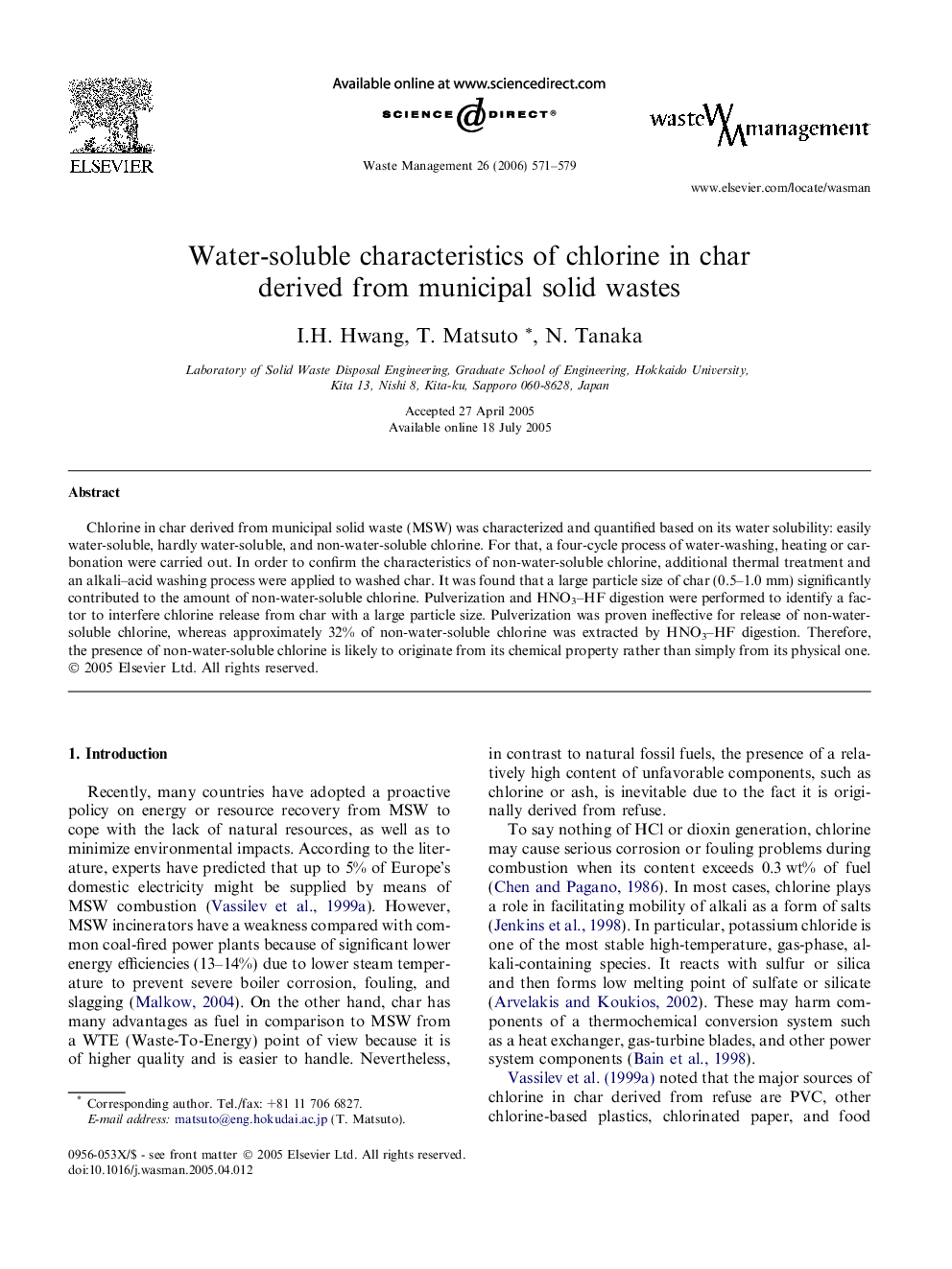 Water-soluble characteristics of chlorine in char derived from municipal solid wastes