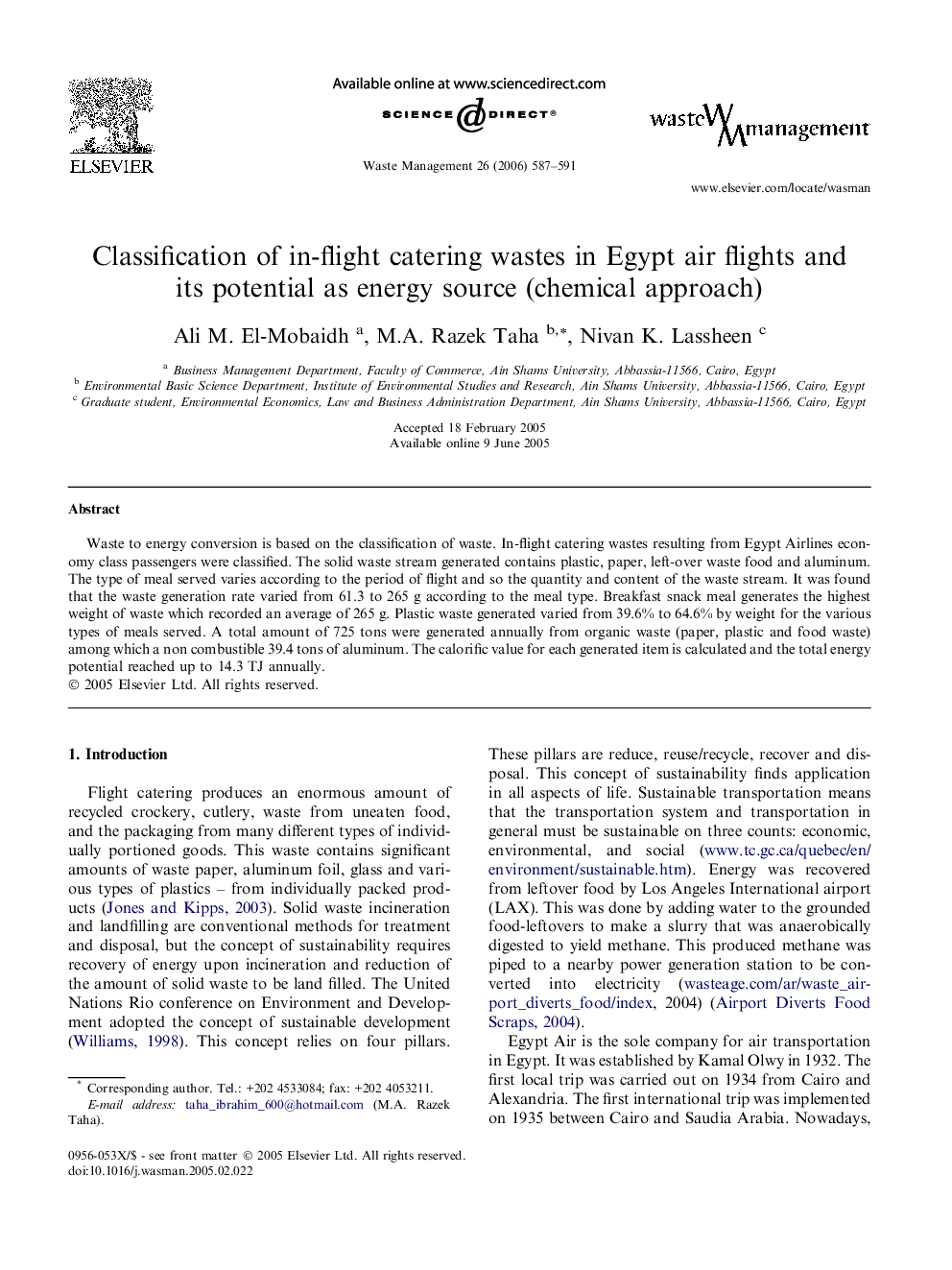 Classification of in-flight catering wastes in Egypt air flights and its potential as energy source (chemical approach)