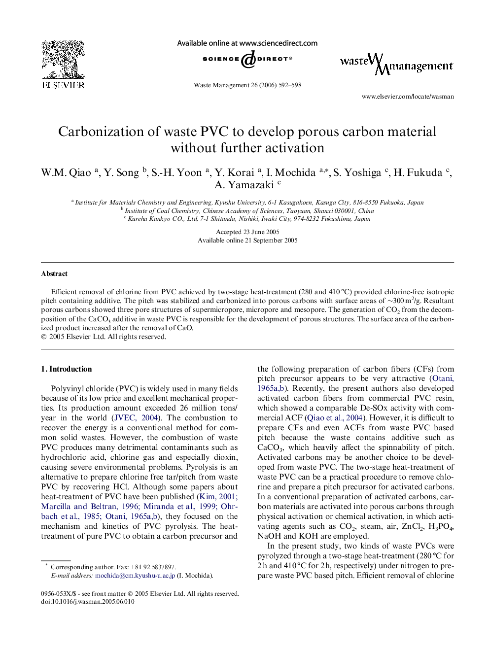 Carbonization of waste PVC to develop porous carbon material without further activation