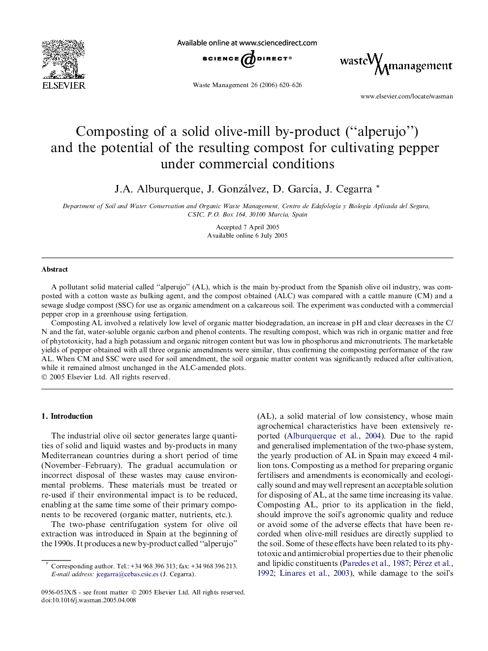 Composting of a solid olive-mill by-product (“alperujo”) and the potential of the resulting compost for cultivating pepper under commercial conditions