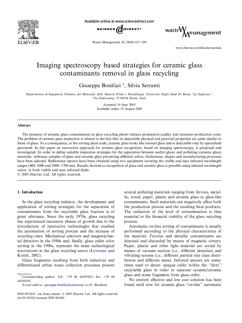 Imaging spectroscopy based strategies for ceramic glass contaminants removal in glass recycling