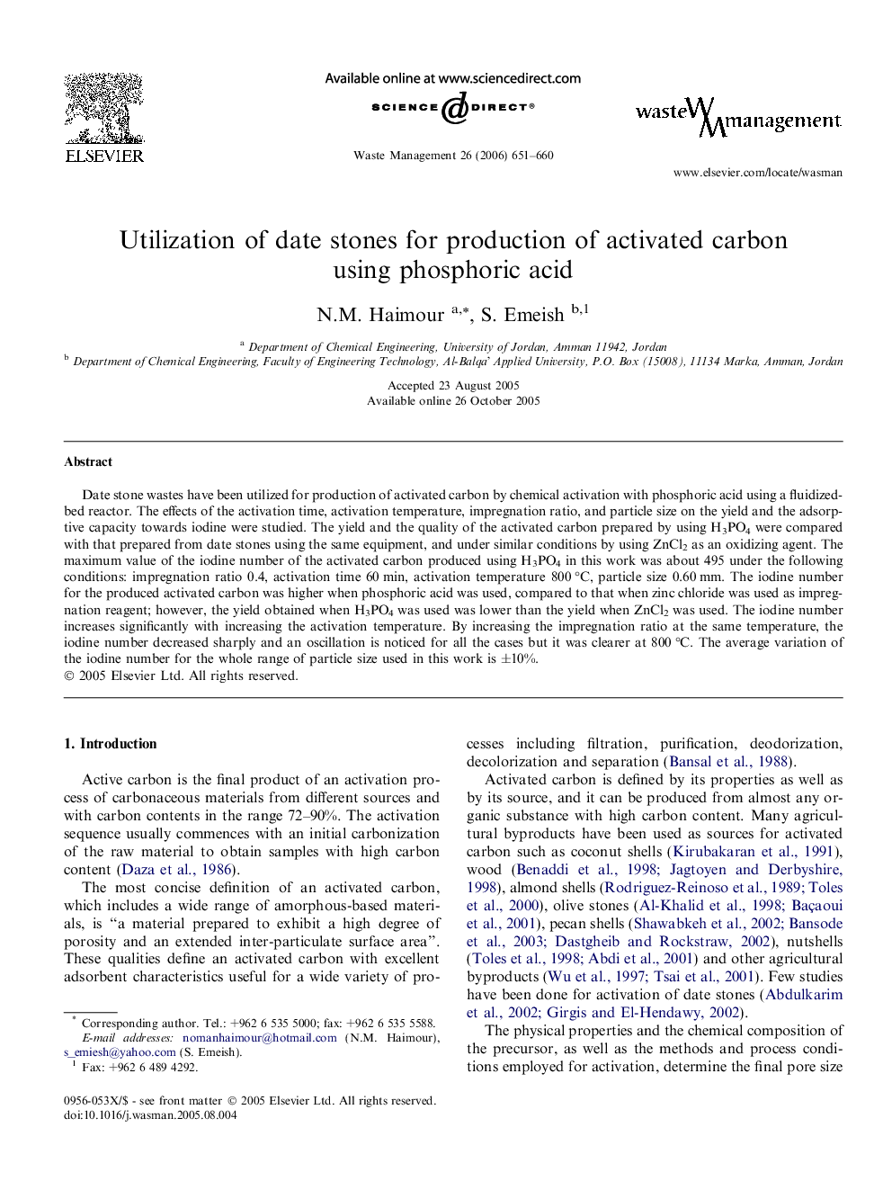 Utilization of date stones for production of activated carbon using phosphoric acid