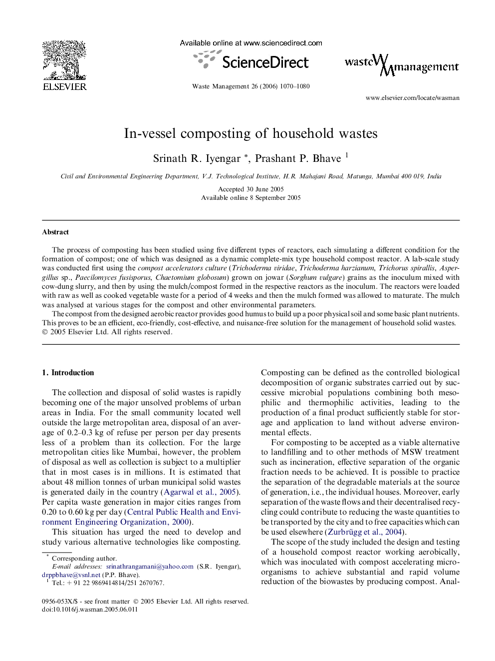 In-vessel composting of household wastes