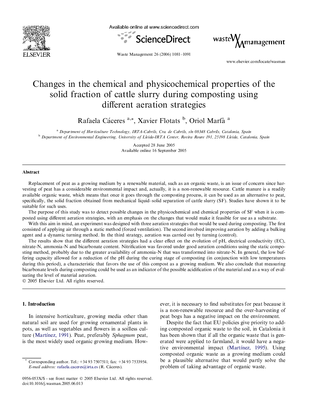 Changes in the chemical and physicochemical properties of the solid fraction of cattle slurry during composting using different aeration strategies