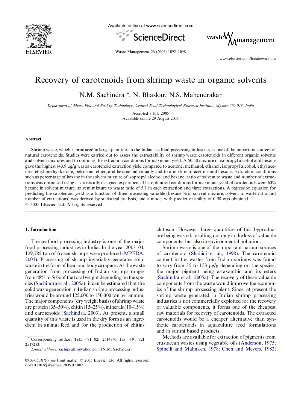 Recovery of carotenoids from shrimp waste in organic solvents