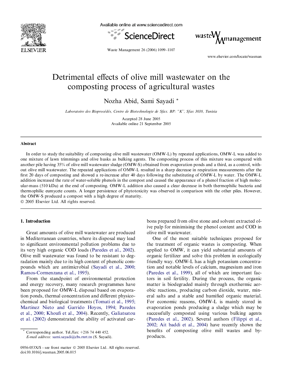 Detrimental effects of olive mill wastewater on the composting process of agricultural wastes