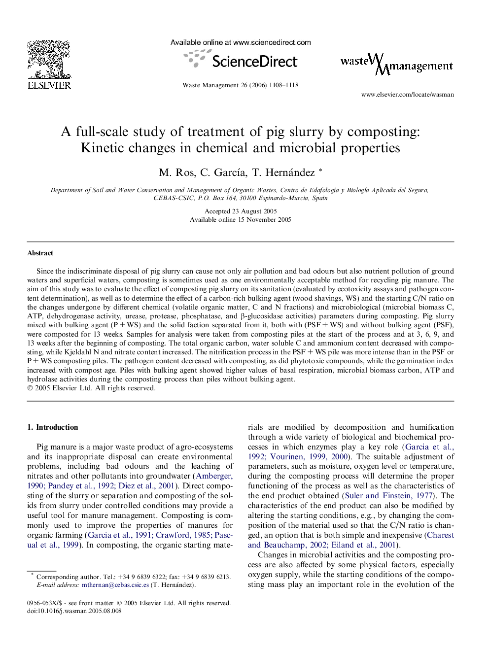 A full-scale study of treatment of pig slurry by composting: Kinetic changes in chemical and microbial properties