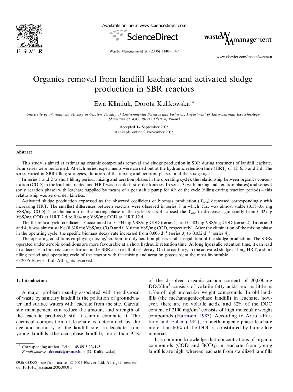 Organics removal from landfill leachate and activated sludge production in SBR reactors