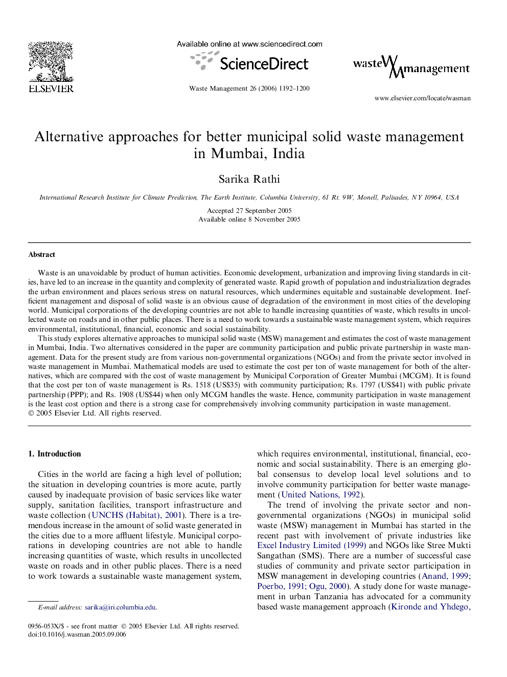 Alternative approaches for better municipal solid waste management in Mumbai, India