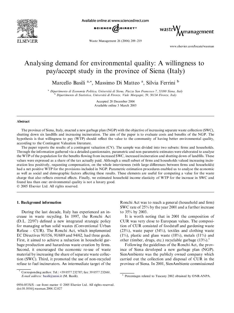 Analysing demand for environmental quality: A willingness to pay/accept study in the province of Siena (Italy)