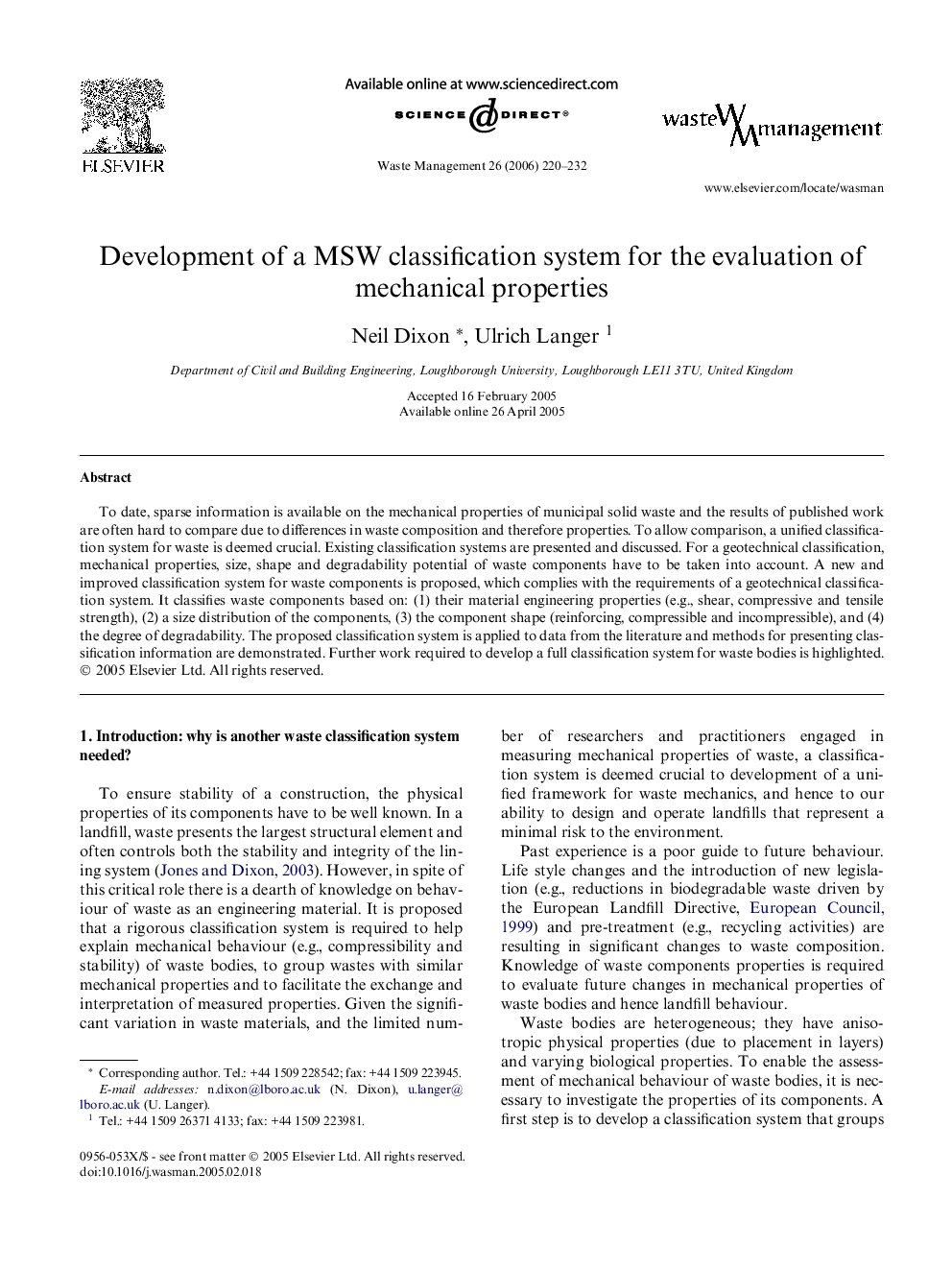 Development of a MSW classification system for the evaluation of mechanical properties