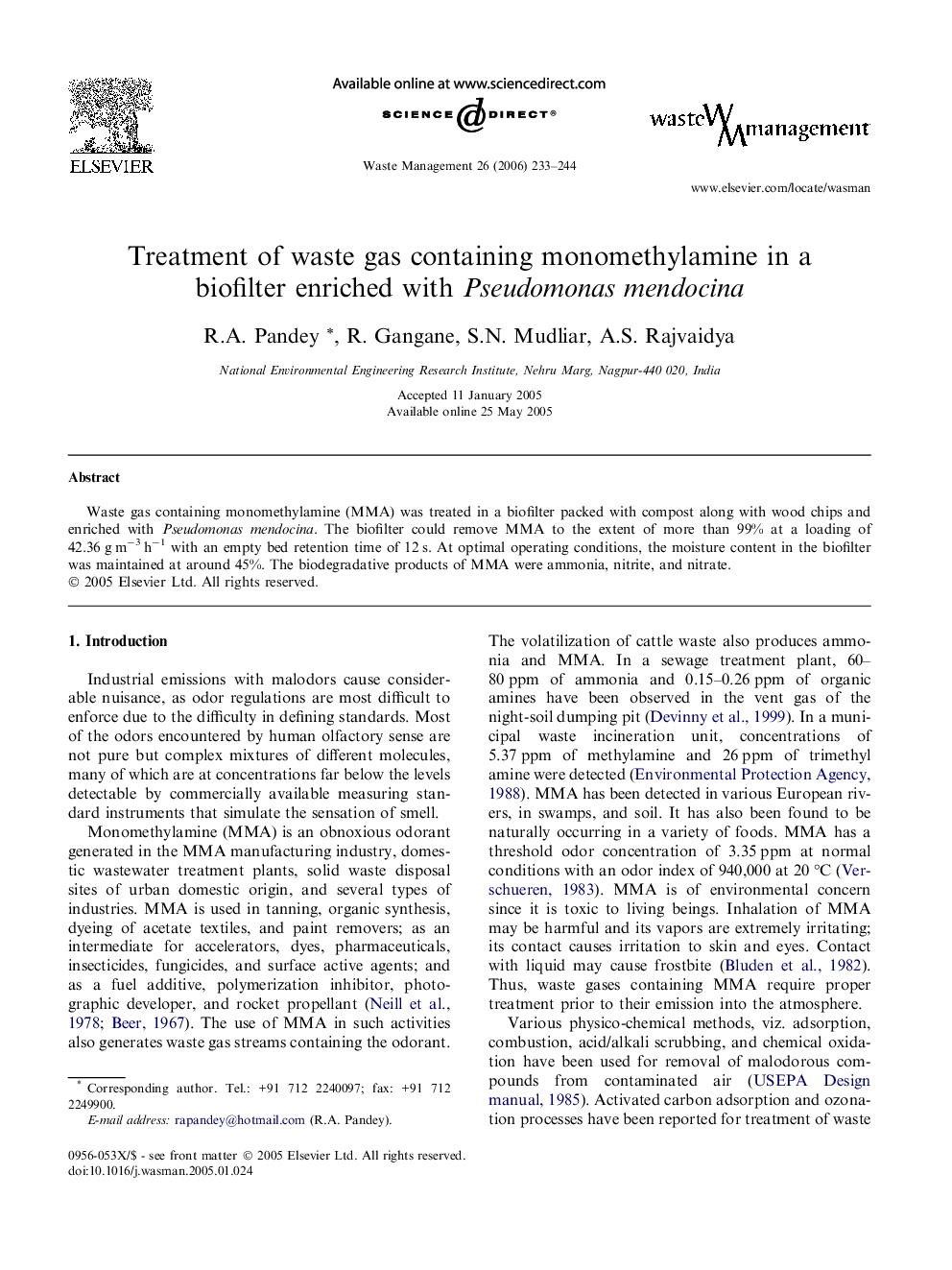 Treatment of waste gas containing monomethylamine in a biofilter enriched with Pseudomonas mendocina