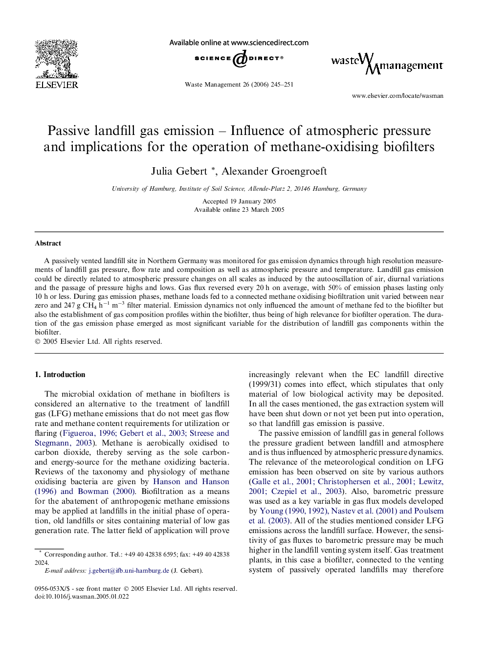 Passive landfill gas emission – Influence of atmospheric pressure and implications for the operation of methane-oxidising biofilters