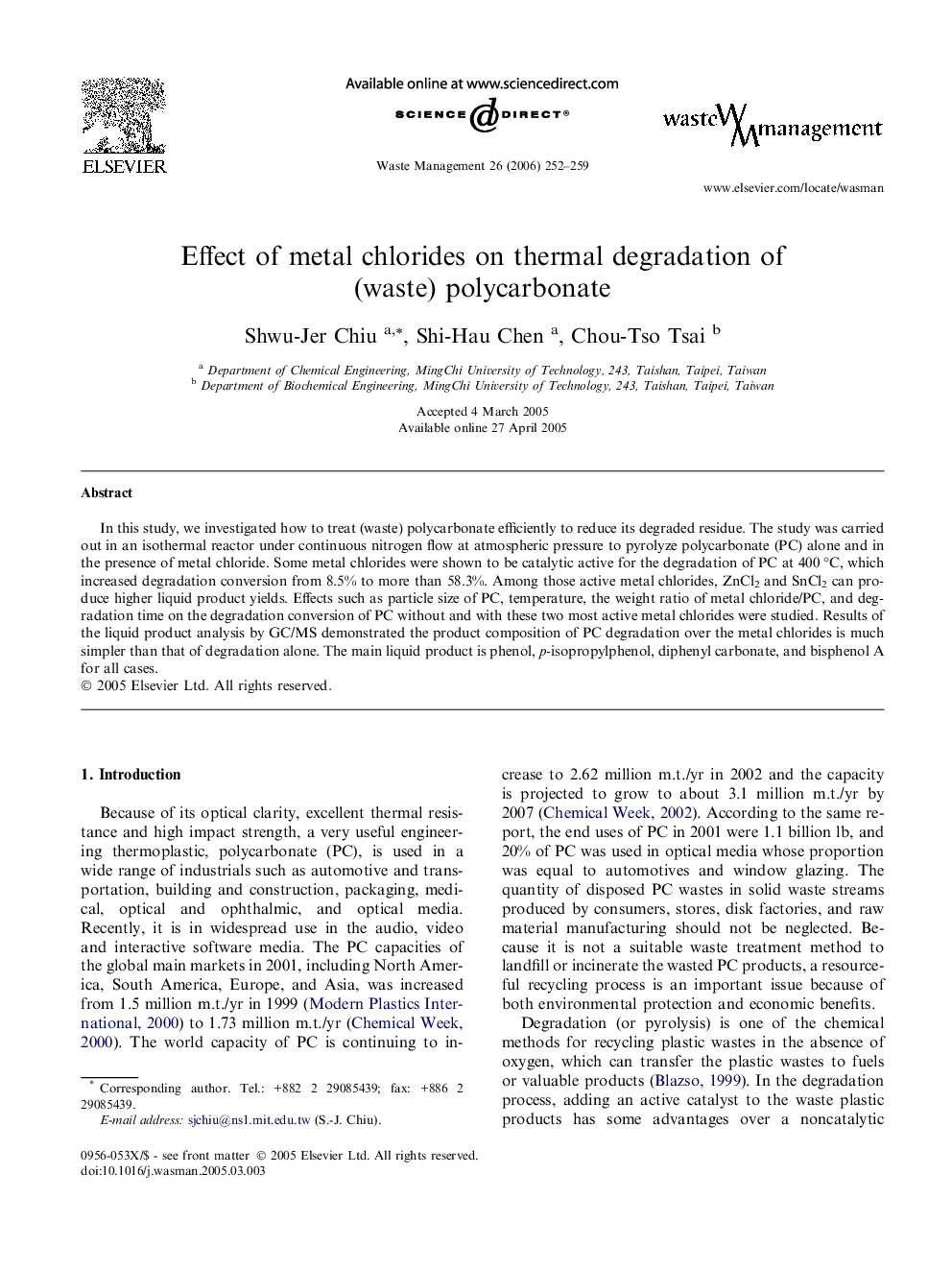 Effect of metal chlorides on thermal degradation of (waste) polycarbonate