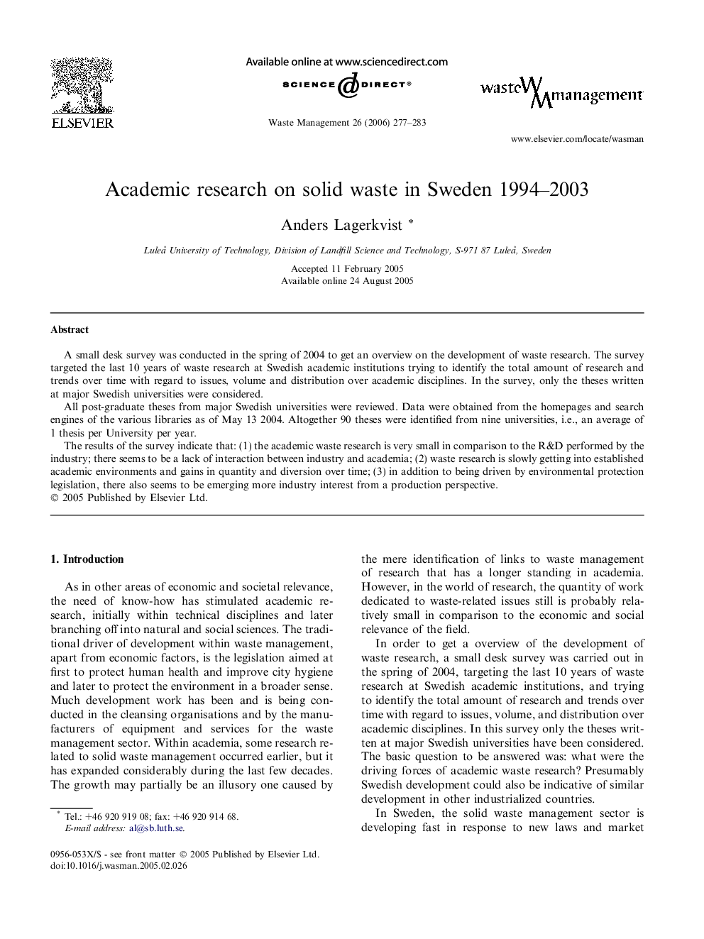 Academic research on solid waste in Sweden 1994–2003