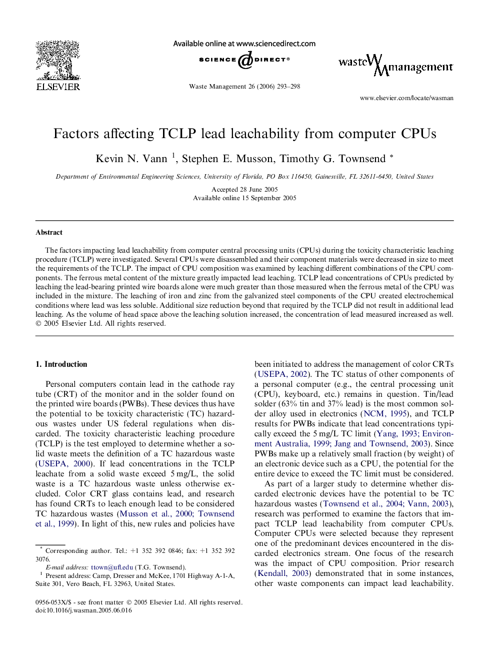 Factors affecting TCLP lead leachability from computer CPUs