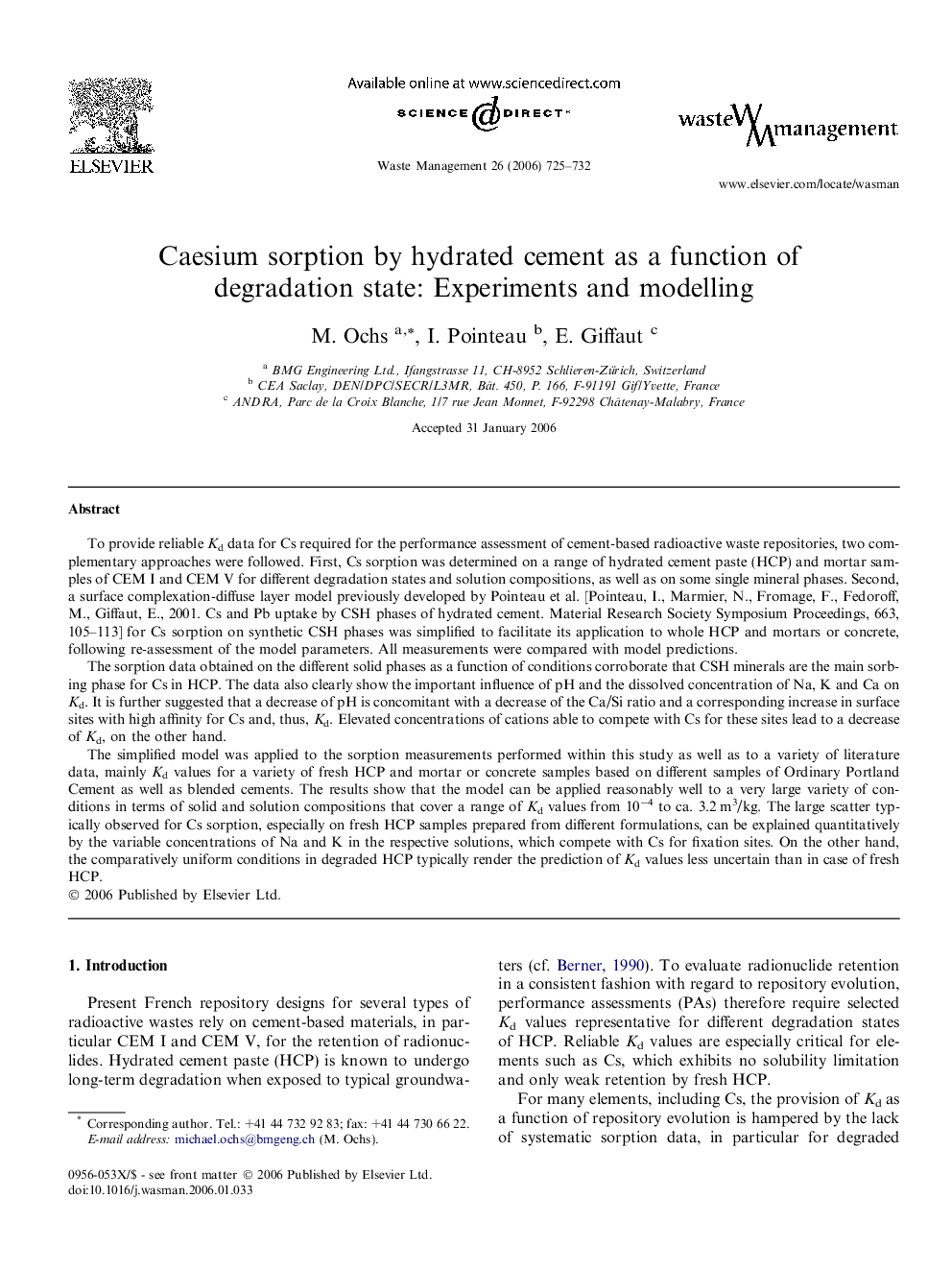 Caesium sorption by hydrated cement as a function of degradation state: Experiments and modelling