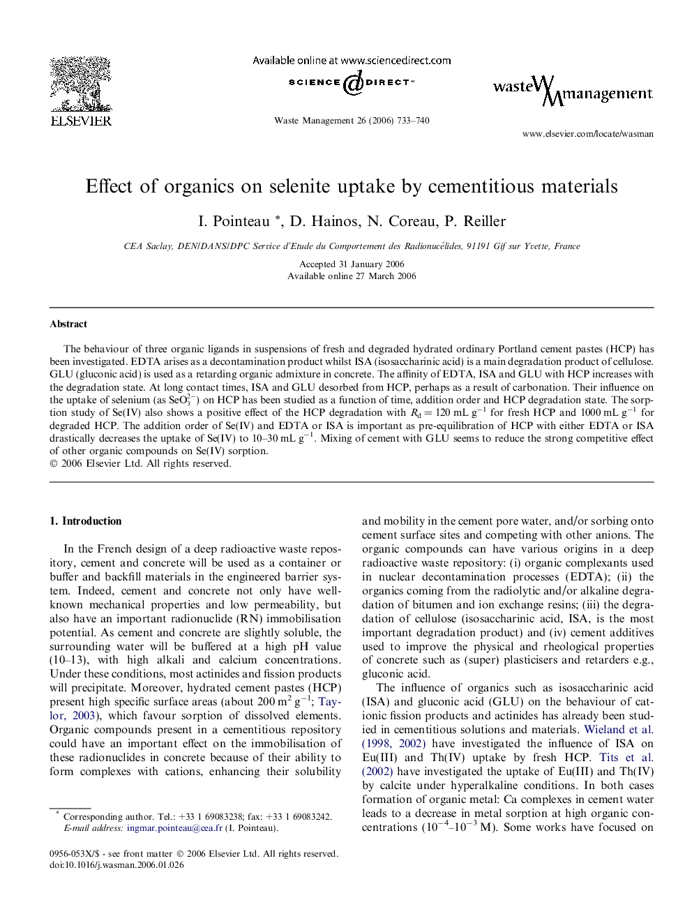 Effect of organics on selenite uptake by cementitious materials