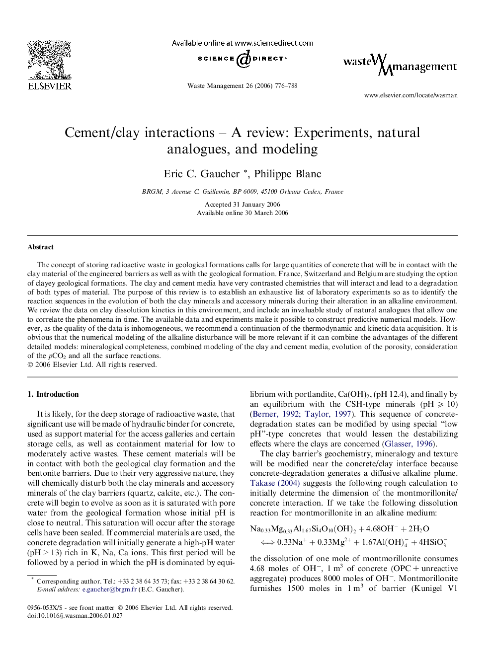 Cement/clay interactions – A review: Experiments, natural analogues, and modeling