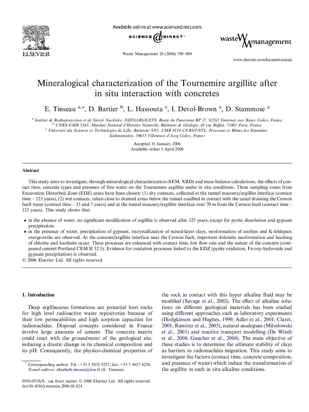 Mineralogical characterization of the Tournemire argillite after in situ interaction with concretes