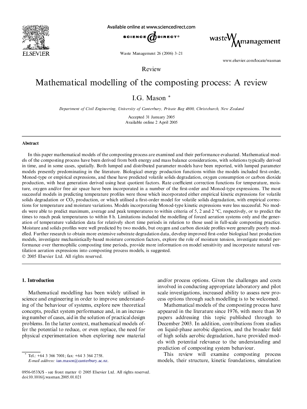 Mathematical modelling of the composting process: A review