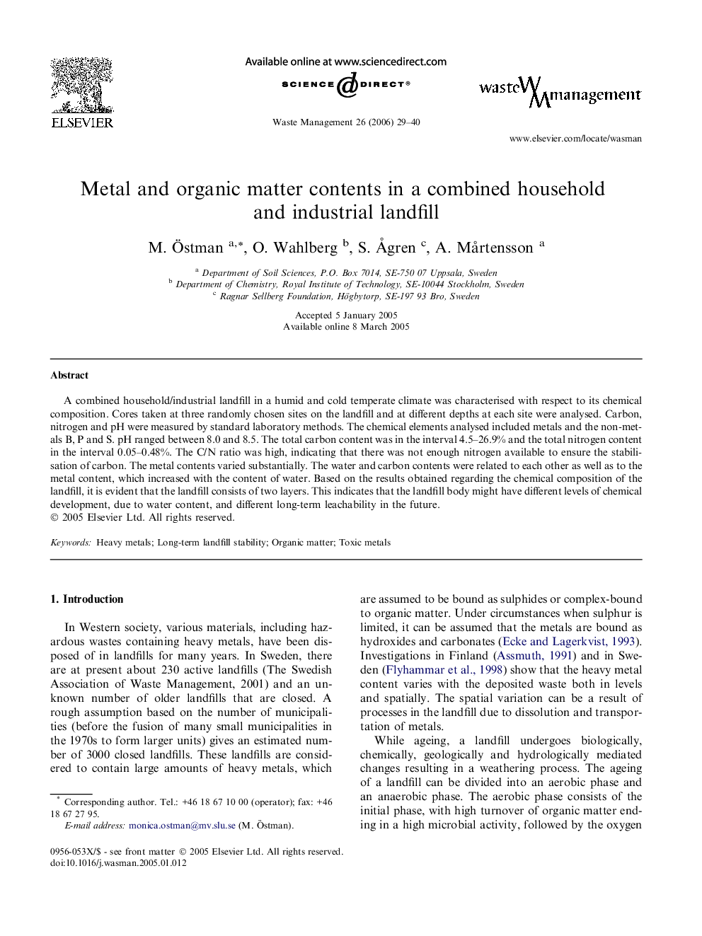 Metal and organic matter contents in a combined household and industrial landfill