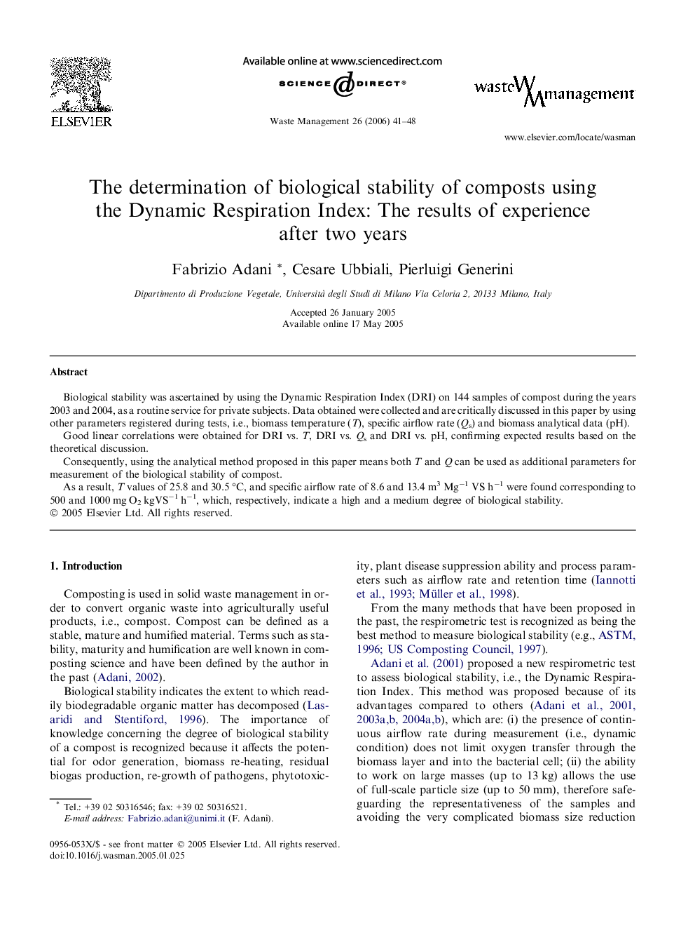 The determination of biological stability of composts using the Dynamic Respiration Index: The results of experience after two years