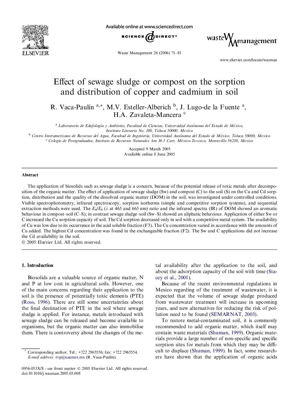 Effect of sewage sludge or compost on the sorption and distribution of copper and cadmium in soil