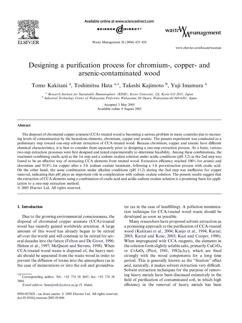 Designing a purification process for chromium-, copper- and arsenic-contaminated wood